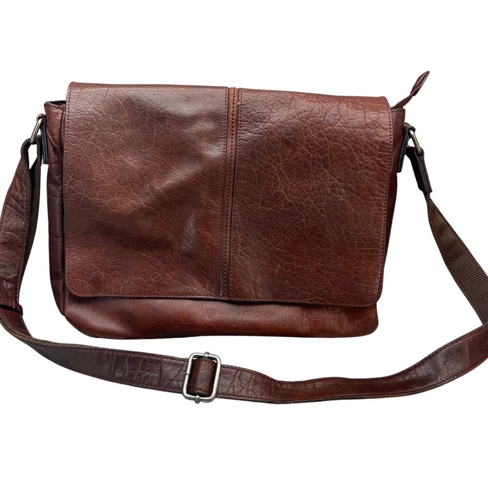 Vintage Dark Brown Patina Leather Front Flap Laptop Messenger Bag